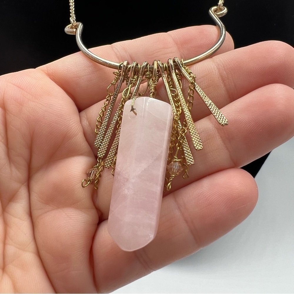 Rose quartz long necklace in gold tone hand made